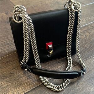 Fendi Black Small Leather Kan I Crossbody Chain Flap Bag